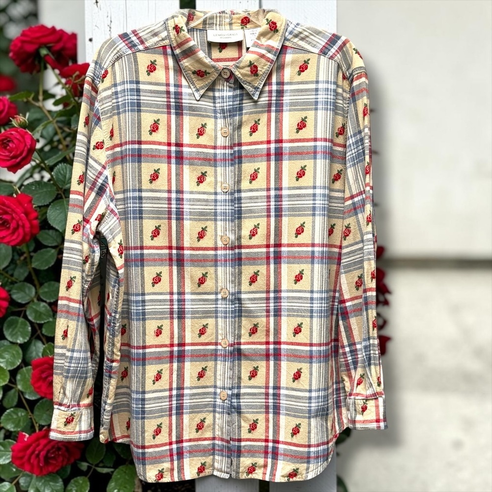 Y2K Lemon Grass Woman Plaid Rose Embroidered Button Down Shirt Tan Blue Red 20W